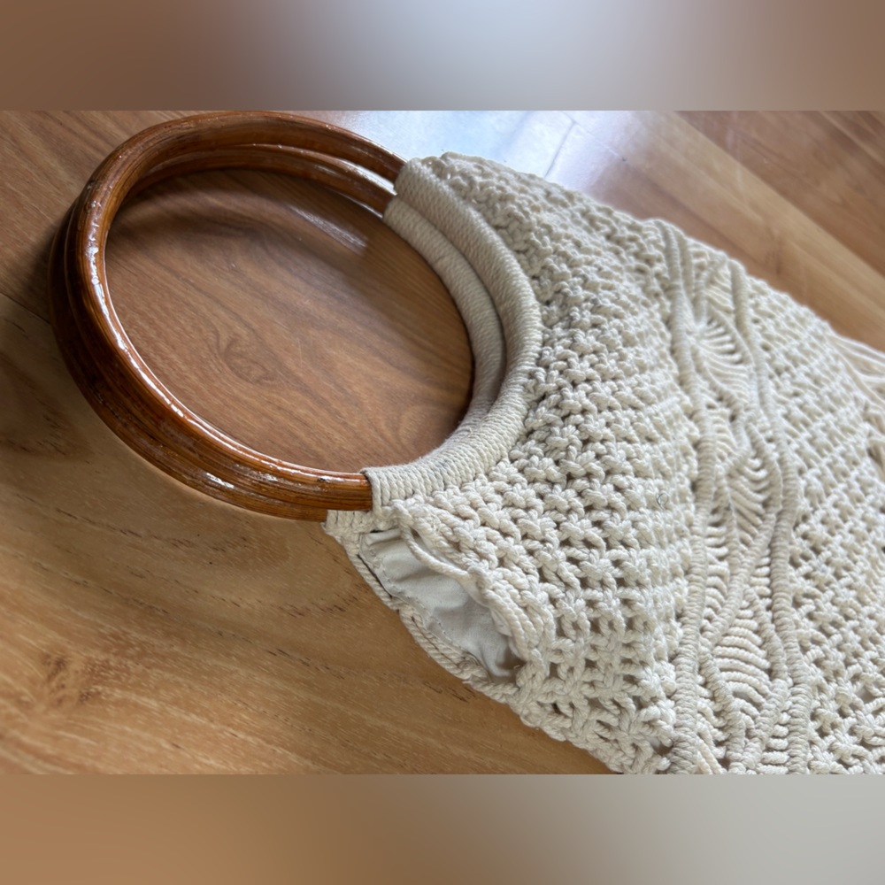 Cream Macrame Fringe Handbag with Wooden Round Handles - Picture 6 of 8